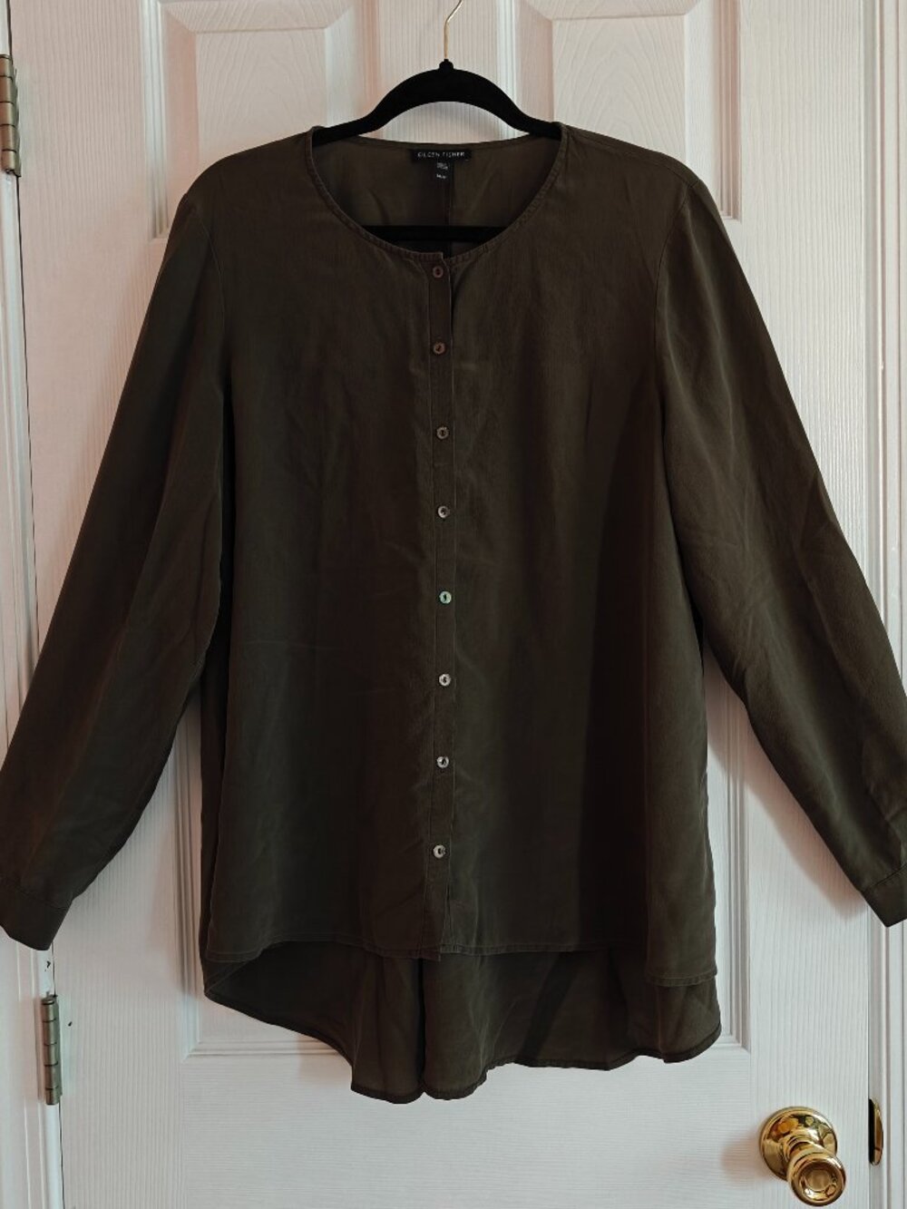 EILEEN FISHER Olive Green Silk Button Front Tunic Blouse Shirt Size Medium